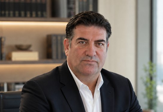 ד״ר רן מובשוביץ ליד שולחן העבודה במשרדו